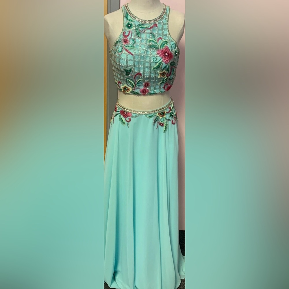 Rachel Allan 7602 mint floral two piece beaded high neck prom dress